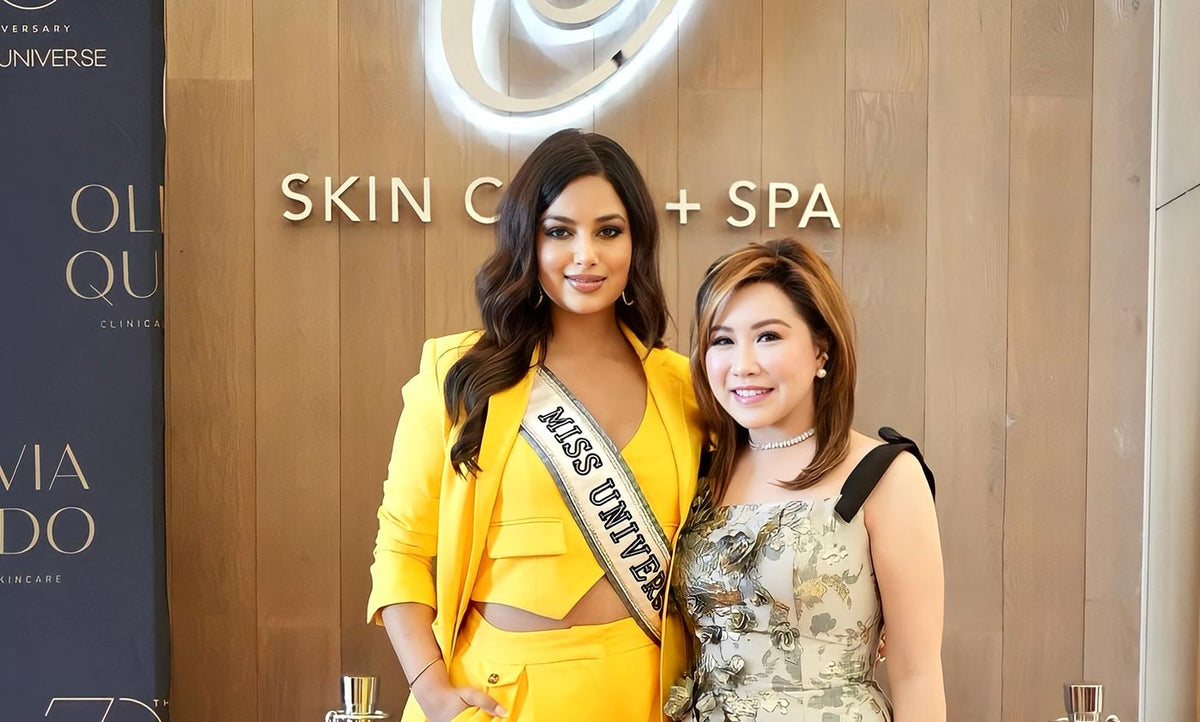 Olivia Quido and Miss Universe Harnaaz Sandhu in front of O Skin Med Spa