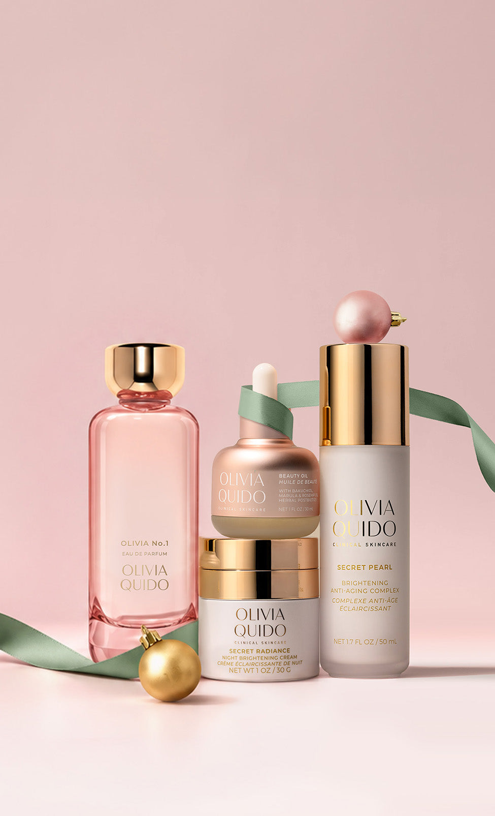 Olivia Quido Skincare products including Secret Pearl, Secret Radiance, Beauty Oil, and Perfume