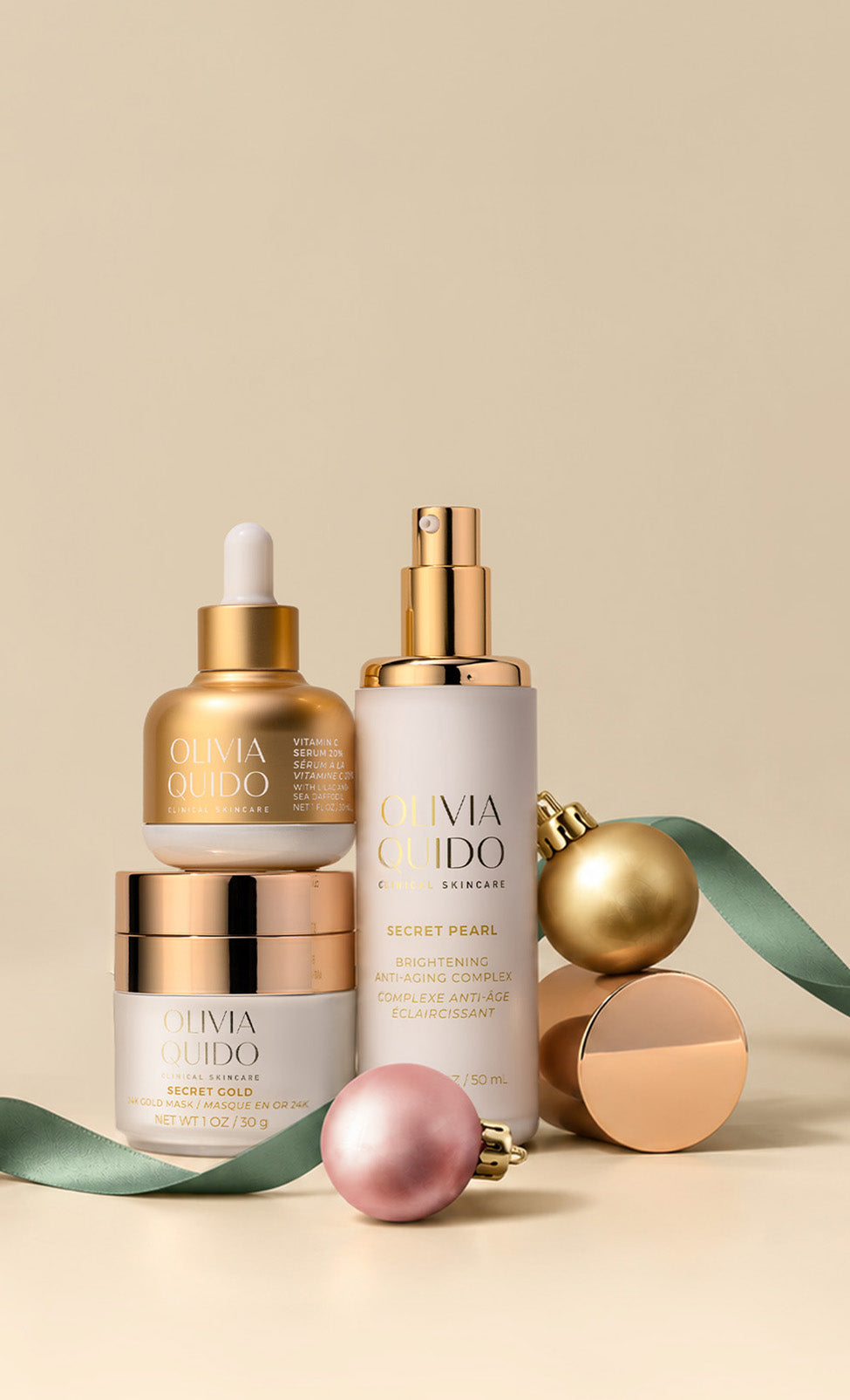 Olivia Quido Skincare Products Including Secert Pearl, Vitamin C, and Secret Gold