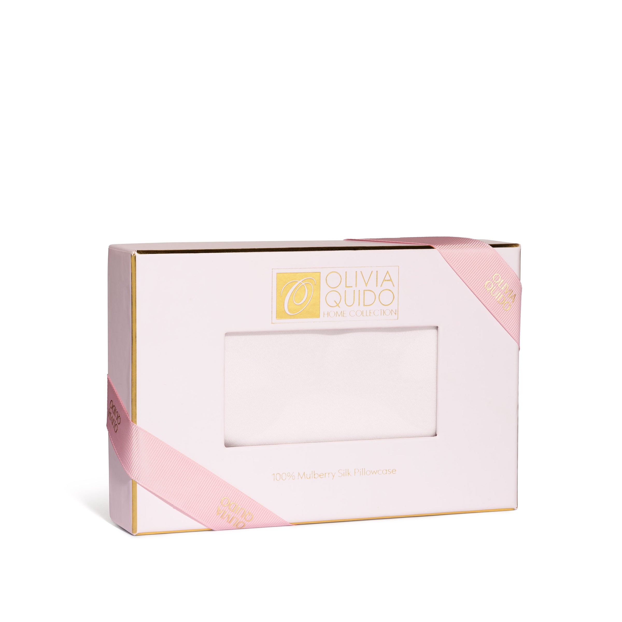 Olivia Quido Pink Mulberry Silk Pillowcase packaging with elegant design for luxurious sleep.