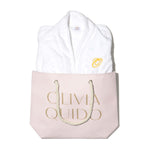 Olivia Quido Luxury spa robe in pink tote bag