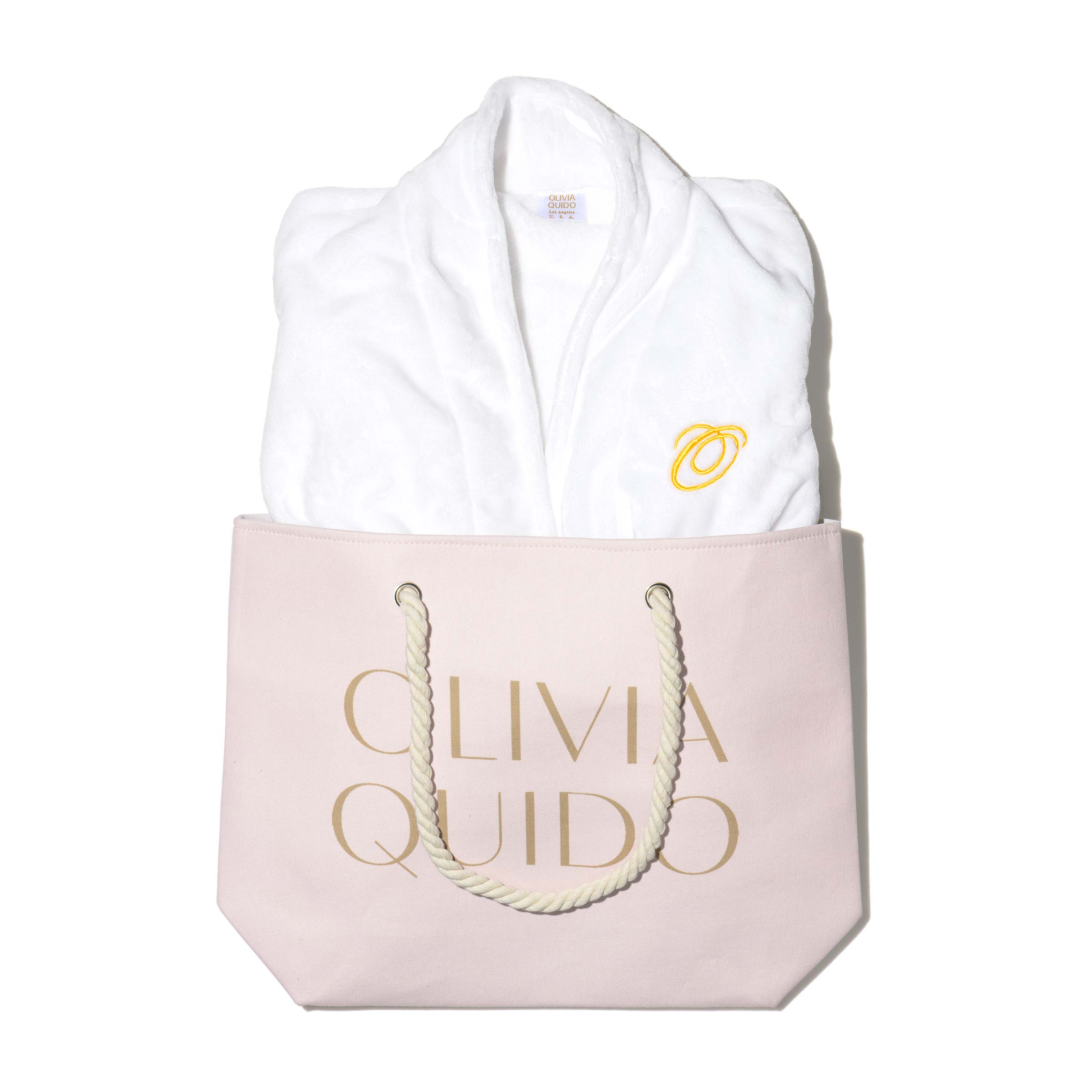 Olivia Quido Luxury spa robe in pink tote bag