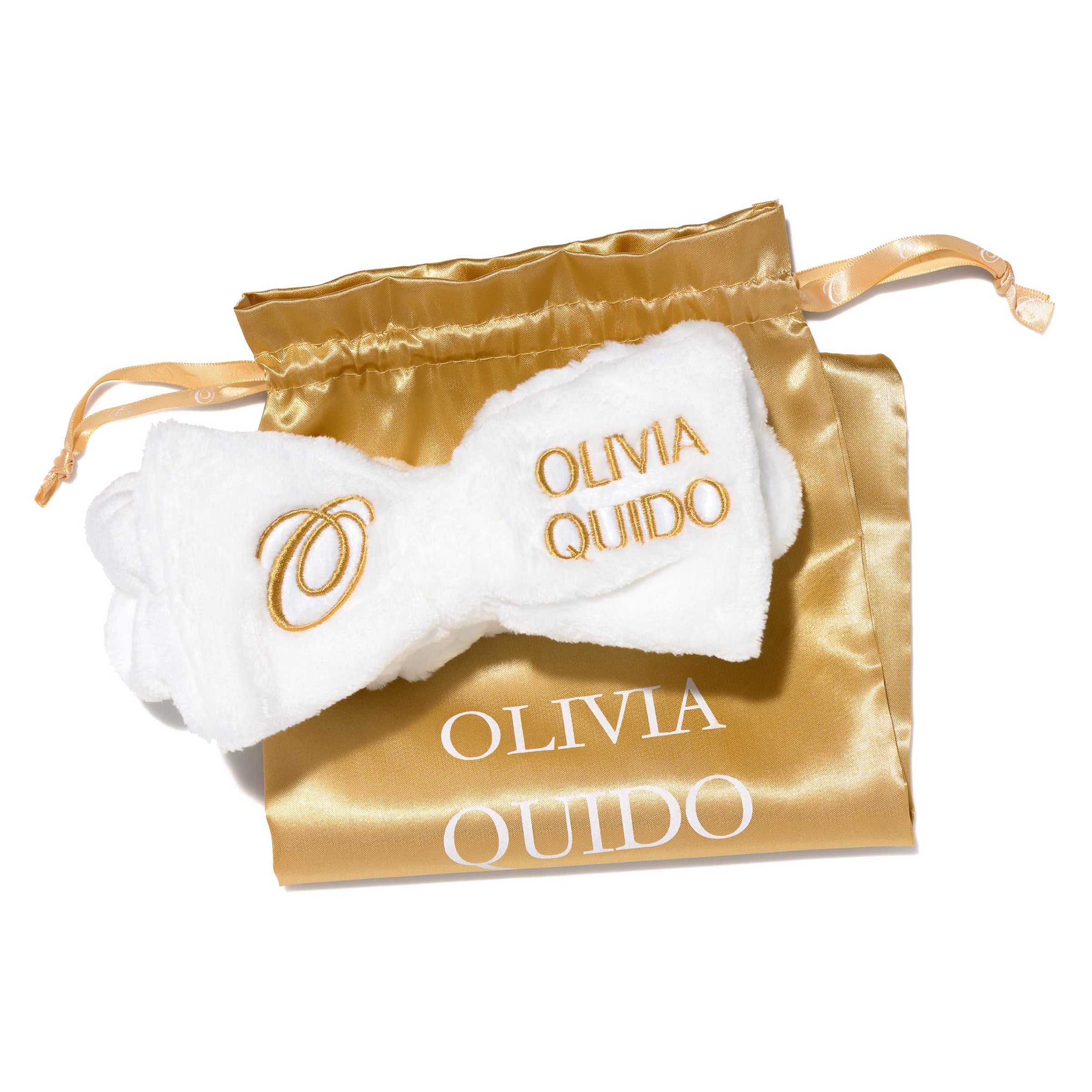 Olivia Quido Clinical Skincare Spa Headband in gold drawstring pouch