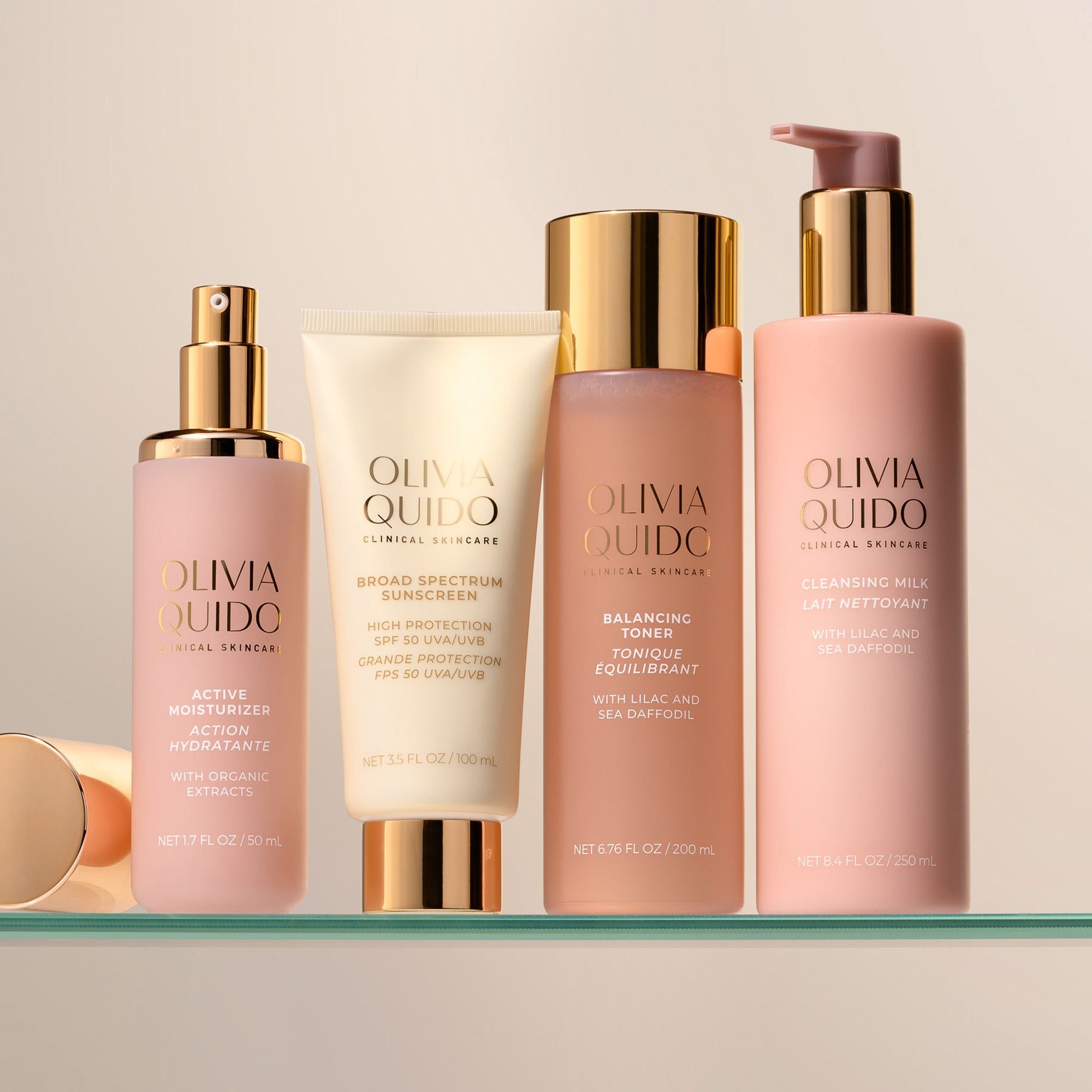 Olivia Quido Beauty Queen Skincare Set on a glass shelf