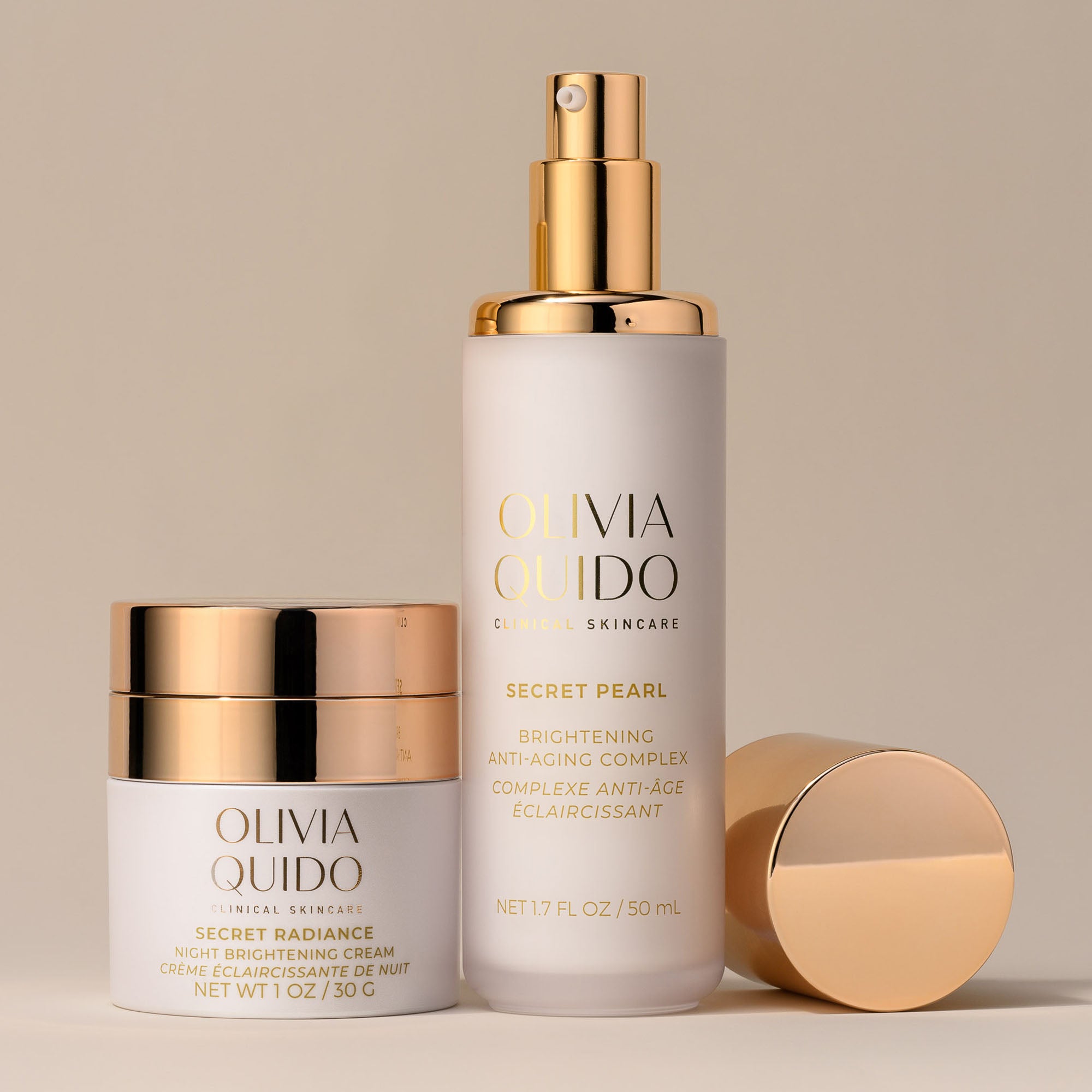 Olivia Quido Skincare Secret Radiance Night Brightening Cream and Secret Pearl Brightening Anti-Aging Complex